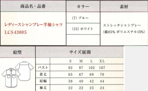 Lee LCS43005 レディースシャンブレー半袖シャツ 柔らかく着心地が良いシャンブレー素材を使用したシャンブレーシャツ。バイアス使いのポケットが特徴で、どんなシーンでも着用できるベーシックなデザイン。ワークシャツと比べてコンパクトなサイズ展開になっています。●Leeワークウェアオリジナルネームタグ。●左胸フラップにあるペン挿し口。●バイアス使いが特徴の胸ポケット。●Lee独特のガゼット。20番手のタテ糸に伸縮性のある高捲縮糸をヨコ糸に織り交ぜストレッチ性があり、霜降り感・柔らかい風合いが特徴のシャンブレー素材。ジーンズの長い歴史を伝承しアップデイトし続けるアメリカンワークウェアブランドLee。1989年、ヘンリー・デビット・リーがカンザス州で創業したH.D.Lee COMPANY。なかでも1911年に製造を始めたオーバーオール・ジーンズ・ジャケットはその品質の高さと着やすさが話題となり、ブランドの名前を不動のものとした。Leeの名を全米に知らしめた革新的ワークウェアに、現代のワーカー達のニーズを加え、ボンマックスより新たに「Lee WORKWEAR」が誕生。歴史あるLeeの伝統、最先端の機能性素材、実用性のあるデザインを追求。徹底的にこだわった“REAL AMERICAN WORKWEAR”。やっぱり本物はカッコイイ。 サイズ／スペック