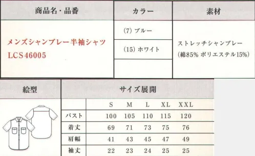 Lee LCS46005 メンズシャンブレー半袖シャツ 柔らかく着心地が良いシャンブレー素材を使用したシャンブレーシャツ。バイアス使いのポケットが特徴で、どんなシーンでも着用できるベーシックなデザイン。ワークシャツと比べてコンパクトなサイズ展開になっています。●Leeワークウェアオリジナルネームタグ。●左胸フラップにあるペン挿し口。●バイアス使いが特徴の胸ポケット。●Lee独特のガゼット。20番手のタテ糸に伸縮性のある高捲縮糸をヨコ糸に織り交ぜストレッチ性があり、霜降り感・柔らかい風合いが特徴のシャンブレー素材。ジーンズの長い歴史を伝承しアップデイトし続けるアメリカンワークウェアブランドLee。1989年、ヘンリー・デビット・リーがカンザス州で創業したH.D.Lee COMPANY。なかでも1911年に製造を始めたオーバーオール・ジーンズ・ジャケットはその品質の高さと着やすさが話題となり、ブランドの名前を不動のものとした。Leeの名を全米に知らしめた革新的ワークウェアに、現代のワーカー達のニーズを加え、ボンマックスより新たに「Lee WORKWEAR」が誕生。歴史あるLeeの伝統、最先端の機能性素材、実用性のあるデザインを追求。徹底的にこだわった“REAL AMERICAN WORKWEAR”。やっぱり本物はカッコイイ。 サイズ／スペック