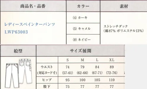Lee LWP63003 レディースペインターパンツ Lee伝統の「11-Z」モデルに忠実でありながらすっきりとしたシルエットにアップデイトしたペインターパンツ。●サイドには、出し入れしやすい斜めポケット。コインポケット付き。●定規等を収納できる右サイドにあるツールポケット。●Leeロゴ入りのオリジナルボタン。●補強布付きの後ろポケット。※同型で素材違い（LWP63001）もございます。ジーンズの長い歴史を伝承しアップデイトし続けるアメリカンワークウェアブランドLee。1989年、ヘンリー・デビット・リーがカンザス州で創業したH.D.Lee COMPANY。なかでも1911年に製造を始めたオーバーオール・ジーンズ・ジャケットはその品質の高さと着やすさが話題となり、ブランドの名前を不動のものとした。Leeの名を全米に知らしめた革新的ワークウェアに、現代のワーカー達のニーズを加え、ボンマックスより新たに「Lee WORKWEAR」が誕生。歴史あるLeeの伝統、最先端の機能性素材、実用性のあるデザインを追求。徹底的にこだわった“REAL AMERICAN WORKWEAR”。やっぱり本物はカッコイイ。 サイズ／スペック