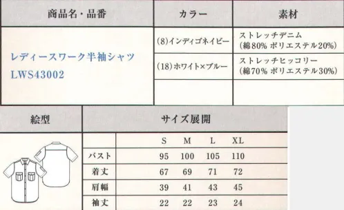 Lee LWS43002 レディースワーク半袖シャツ Lee独特のフラップポケットが付いたワークシャツ。昔から様々な会社にユニホーム提供を行っていたLeeワークウェアの中でも代表的なアイテム。●Leeワークウェアオリジナルネームタグ。●左胸ポケットにあるペン挿し口。●丸みのある胸ポケット。●Lee独特のガゼット。●プリーツ入りで立体的なLee象徴的な胸ポケット。●左袖にあるペン挿しポケット。「8 インディゴネイビー」20番手のタテ糸に伸縮性のあるT400をヨコ糸に織り混ぜた、ストレッチ性に富んだ味わいの出るデニム素材。「18 ホワイト×ブルー」10番手のタテ糸に伸縮性のあるT400・高捲縮糸をヨコ糸に織り混ぜた、ストレッチ性に富んだデニム生地の一つでもあるヒッコリー素材。ジーンズの長い歴史を伝承しアップデイトし続けるアメリカンワークウェアブランドLee。1989年、ヘンリー・デビット・リーがカンザス州で創業したH.D.Lee COMPANY。なかでも1911年に製造を始めたオーバーオール・ジーンズ・ジャケットはその品質の高さと着やすさが話題となり、ブランドの名前を不動のものとした。Leeの名を全米に知らしめた革新的ワークウェアに、現代のワーカー達のニーズを加え、ボンマックスより新たに「Lee WORKWEAR」が誕生。歴史あるLeeの伝統、最先端の機能性素材、実用性のあるデザインを追求。徹底的にこだわった“REAL AMERICAN WORKWEAR”。やっぱり本物はカッコイイ。 サイズ／スペック