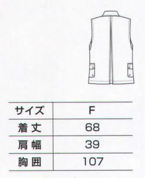 ベスト BC1404 レディスベスト グログランテープとドットボタンがアクセント。大容量ポケットやサイドの切り替えラインなど、作業時の利便性と動きやすさを兼ね備えたベスト。 ●ベンチレーション:肩に内側メッシュ素材を使用。風の通りを良くし、ムレを解消します。 ●ポケット:たくさん入る大容量です。 ●ドットボタン:ワンタッチで開閉できる、着脱が簡単なボタンです。 ●センタープリーツ:動きやすく、シルエットをキレイに見せるプリーツを背中に入れました。 ●ピスネーム:デザインのアクセントになるピスネーム入りです。 サイズ／スペック