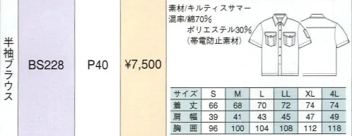 ベスト BS228 半袖ブラウス 明るいパステルカラーをヴィヴィットな配色で組み合わせた個性を主張する人気シリーズ。最先端のデザインと機能性を誇り、男女それぞれのアイテムをセットで揃え、都市のあらゆるワーキングシーンで注目をあびています。 サイズ／スペック