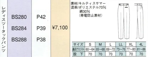 ベスト BS280 レディスツータックパンツ 明るいパステルカラーをヴィヴィットな配色で組み合わせた個性を主張する人気シリーズ。最先端のデザインと機能性を誇り、男女それぞれのアイテムをセットで揃え、都市のあらゆるワーキングシーンで注目をあびています。 サイズ／スペック