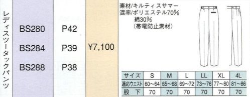 ベスト BS288 レディスツータックパンツ 明るいパステルカラーをヴィヴィットな配色で組み合わせた個性を主張する人気シリーズ。最先端のデザインと機能性を誇り、男女それぞれのアイテムをセットで揃え、都市のあらゆるワーキングシーンで注目をあびています。 サイズ／スペック