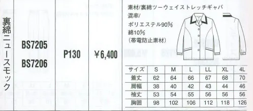 ベスト BS7206 裏綿ニュースモック 活発な中にもさわやかな女らしさを印象づけるワークウェア。動きやすく活動的なデザインは、あらゆるビジネスシーンを華やかなものへと演出します。シンプルな中にも着る人の個性が輝きます。 サイズ／スペック