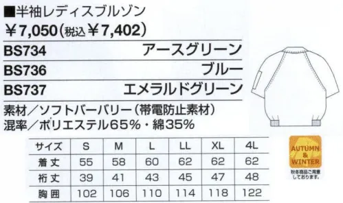 ベスト BS734 半袖ラグランブルゾン 男女ペアのコーディネートは、企業のイメージアップに効果的。スタッフ間の一体感も高まるペアユニフォーム。製造工場やビルメンテナンス、物流倉庫など、今や男女の区別無く多くの人々が一緒に働いてます。こうした作業環境下で、企業の目指すイメージを訴求するのに役立つのが、男女ペアで着ることのできる「PAIR WORKING」。ハードな着心地に耐えうる素材や加工はもちろん、着る人の快適さや動きやすさを徹底追求。スタッフ間の連帯意識も強まることで作業効率アップ、企業への高感度もさらに高まります。デザインやサイズ、カラーなど幅広くラインナップ、チームや部署ごとでのコーディネートなど、フレキシブルな対応も可能です。同色系やワンポイントなどシンプルなデザインながら、明るく落ち着いたパステルカラーでまとめた定番シリーズ。機能性や使い勝手にも優れ、業種やシチュエーションを選ばない汎用性が、長く人気を保っている秘密です。衿元には爽やかなツートンカラー。ハードな作業にも優れた耐久性を実現。さまざまな作業環境のもとで優れた耐久性を発揮、アイロンいらずのイージーケアも魅力のブルゾン。パンツには軽い着心地でシルエットをキープする素材をセレクトしました。帯電防止加工や金属パーツの最小限使用など、現場で作業するあらゆる条件をクリア。清涼感のあるカラーバリエーションも魅力です。比翼のツートンカラーがポイント。肩回りのゆったりなラグランブルゾン。ラグラン袖:腕を動かしやすいゆったりラグラン袖です。比翼仕立て:フロントのファスナーをカバーするので、作業中のジャマになりません。裾ゴムシャーリング:身体に程良くフィット。裾のずり上がりを防止します。方ダブルペン差し（左）:ペンが落ちにくい構造のポケットです。 サイズ／スペック