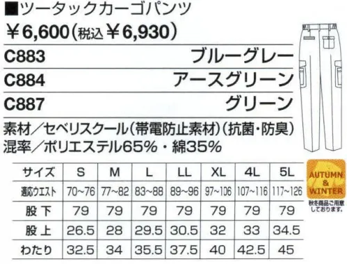 ベスト C884 ツータックカーゴパンツ 男女ペアのコーディネートは、企業のイメージアップに効果的。スタッフ間の一体感も高まるペアユニフォーム。製造工場やビルメンテナンス、物流倉庫など、今や男女の区別無く多くの人々が一緒に働いてます。こうした作業環境下で、企業の目指すイメージを訴求するのに役立つのが、男女ペアで着ることのできる「PAIR WORKING」。ハードな着心地に耐えうる素材や加工はもちろん、着る人の快適さや動きやすさを徹底追求。スタッフ間の連帯意識も強まることで作業効率アップ、企業への高感度もさらに高まります。デザインやサイズ、カラーなど幅広くラインナップ、チームや部署ごとでのコーディネートなど、フレキシブルな対応も可能です。同色系やワンポイントなどシンプルなデザインながら、明るく落ち着いたパステルカラーでまとめた定番シリーズ。機能性や使い勝手にも優れ、業種やシチュエーションを選ばない汎用性が、長く人気を保っている秘密です。幅広いワークシーンに応える。充実の機能とベーシックデザイン。正純感のあるカッターシャツや、ポケットの利便性を追求したブルゾン＆カーゴパンツ、女性らしいラインを引き立てるスモックなど、あらゆるワークシーンに対応できるデザイン・機能にこだわりました。また、素材も厳選。汗の臭いや静電気を抑えて、いつでもシャリットした麻のような着心地が続きます。大容量両サイドのポケットがポイントのカーゴパンツ。脇ゴムシャーリング:腰に程良くフィット。インナーのずり上がりを防止し、腰回りをスッキリ見せてくれます。ツータック:お腹回りのつっぱり感を軽減するタックを2本入れました。カーゴポケット:動いていても中身が飛び出さない便利なフラップ付きです。後ろフラップ付きポケット（右）:中身が落ちにくい便利なフラップ付きです。 サイズ／スペック