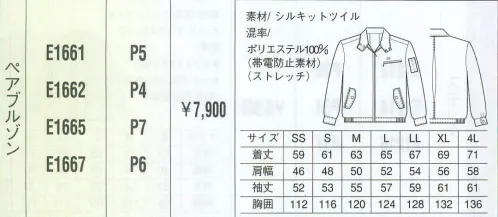 ベスト E1661 ペアブルゾン 機能性を追及したデザインとスポーツカラーがポイント。背を伸ばす・腕を上げる・しゃがむ。クリーンクルーの動きを知っているユニフォームです。カラダの動きについてくる、軽く、伸びる素材と3Dパターンにより、運動機能が飛躍的に向上しました。カラーはもちろんビビッドなスポーツカラー。着る人と見る人をゲンキにする色です。 サイズ／スペック