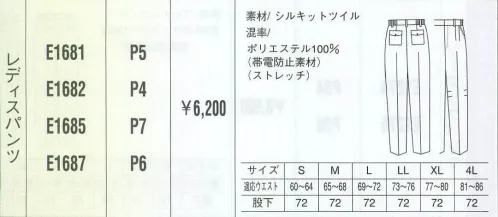 ベスト E1681 レディスツータックパンツ 機能性を追及したデザインとスポーツカラーがポイント。背を伸ばす・腕を上げる・しゃがむ。クリーンクルーの動きを知っているユニフォームです。カラダの動きについてくる、軽く、伸びる素材と3Dパターンにより、運動機能が飛躍的に向上しました。カラーはもちろんビビッドなスポーツカラー。着る人と見る人をゲンキにする色です。 サイズ／スペック