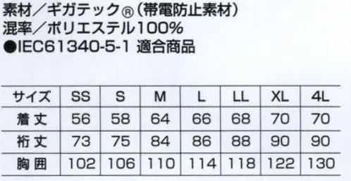 ベスト E5064 ペアブルゾン 高静電ユニフォーム！静電気によるトラブルをなくす、高静電・低発塵素材を採用。通気性や動きやすさなど、集中力を高める機能も満載したペアブルゾン。 サイズ／スペック