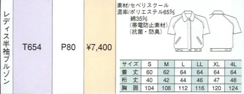 ベスト T654 レディス半袖ブルゾン 同系色やワンポイントなどシンプルなデザインながら、明るく落ち着いたパステルカラーでまとめた定番シリーズ。機能性や使い勝手に優れ、業種やシチュエーションを選ばない汎用性が、長く人気を保っている秘密です。 サイズ／スペック