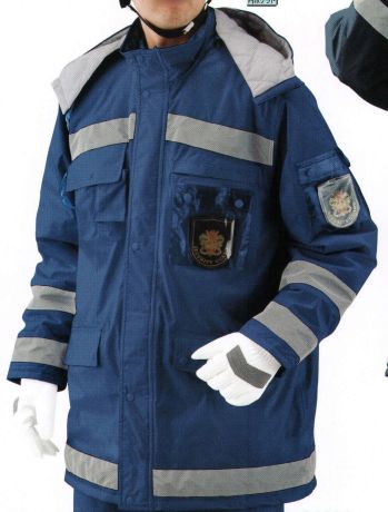 ベスト G5326 防水防寒コート 厳冬期の夜間警備時に裾からの冷気を遮断するウエストウォーマー。左胸・左袖にワッペン用ポケットを付けました。襟元までのファスナーと前立てで雨風の侵入を防ぎます。