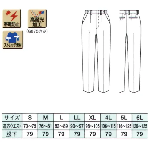 ベスト G873 夏ストレッチアジャスターパンツ（股裂け軽減仕様） 超軽量 シリーズ登場機能を追求し、身体への負担を考え抜いた至高のユニセックスシャツ・パンツ。●ストレッチグリッドメッシュ多数の細かな隙間が湿気を外に放出することで、衣服内を快適に保ちます。通気性とストレッチ性、軽量性を兼ね備えた高機能素材です。●股裂け軽減仕様従来のパンツは足の動きや体型により、生地が引っ張り合う事で縫い目の負担が大きく、それが股裂けの原因の1つとなっていました。股裂け軽減仕様は、クライミングパンツなどに採用されるガゼットクロッチ（股部分にあしらったマチ）により足が開きやすく股が裂けにくくなっています。●スマートシルエット（アジャスター）ストレッチ素材を使用しているため動きやすく、狭めのアジャスター調整幅にワンタックのパターンを採用することで従来品に比べスマートなシルエットで着用いただけます。※サイズ幅が従来と異なります。 サイズ／スペック