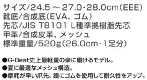 ベスト RS195 安全スニーカー RS SERIES 安全スニーカー RS195G-Best史上最軽量のRS SERIESの安全スニーカーです。超軽量設計と最適なメッシュ構造により、足への負担を大幅に軽減。爪先にゴム製の補強を施し、耐久性と安全性を両立させました。特徴・G-Best史上最軽量の超軽量設計・通気性に優れたメッシュ構造・耐久性を高めた爪先と踵ゴム補強・マジックテープによる簡単な着脱仕様・商品番号:RS195・カラー:ブラック・サイズ:24.5～27.0・28.0cm（EEE）・規格:JIS T8101 L種準拠樹脂先芯・標準重量:約520g（26.0cm・1足分） サイズ／スペック
