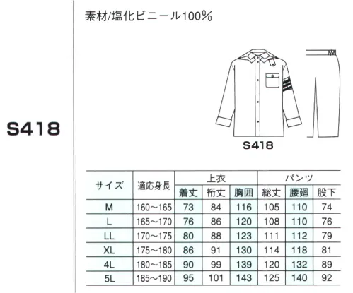 ベスト S418 レインストーリー1535（上下組） お手頃価格の透明ビニール製レインコート。汚れの激しい現場での作業などで威力を発揮。頻繁に買い替えが必要な方におすすめします。フードの前面が透明なのでクリアな視界を保ちます。プロフェッショナルをサポートする力強いセキュリティグッズ。 サイズ／スペック