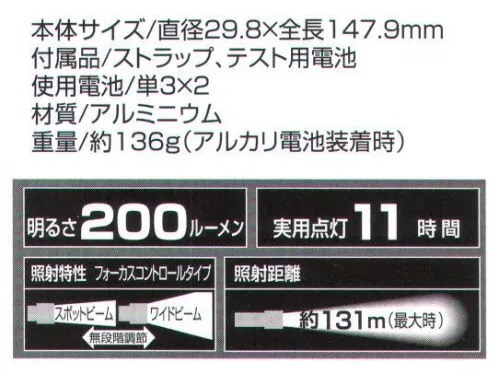 ベスト SG400 ジェントス 閃 防水・防塵性能が飛躍的に向上した最新モデル●ヘッド部分をスライドさせるだけで広角～狭角調節が可能●防水性、防塵性が共にJIS保護等級4を備えた全天候型モデル●2mの落下衝撃にも耐えるタフボディ■形状特長明るさ:200ルーメン実用点灯:11時間照射特性:フォーカスコントロールタイプ（スポットビーム～ワイドビーム）照射距離:約131m（最大時）■付属品・ストラップ、テスト用電池※この商品はご注文後のキャンセル、返品及び交換は出来ませんのでご注意下さい。※なお、この商品のお支払方法は、先振込（代金引換以外）にて承り、ご入金確認後の手配となります。 サイズ／スペック