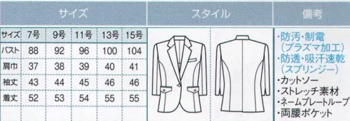 ボストン 00106-99 ニットワッフルジャケット（レディース） ストレッチワッフルの機能的なレディーススーツ。宿泊・受付に、またはホテルの上質なホスピタリティにいまや欠かせない、SPAやリラクゼーションにもぴったり。快適なニット素材のレディーススーツコレクションです。 ●汚れの落ちやすいプラズマ加工でいつも清潔。◎洗濯で汚れを簡単に落としやすくします。◎黒ずみの防止に優れています。 ◎衿や袖口の油汚れの除去性に優れています。 ◎吸水性に優れています。 ◎静電気によるまとわりつき防止に優れています。  ◎水洗いができます。 ◎洗濯の耐久性に優れていて、しかも長時間持続します。（洗濯耐久性 JIS L2017 103法 20回繰り返し） ●スプリンジー:多くの高機能をあわせもつ素材で毎日快適。 ◎特殊ポリマーによる快適素材です。透け防止効果、紫外線ガード効果、クーリング効果。 ◎優れた吸水性・拡散性・速乾性で3つのラクラク。 爽やかな肌ざわりで楽ラク。（サラサラパウダータッチとドライ感） 汗じみ対策が楽ラク。 乾きが良く、洗濯時の取扱いが楽ラク。 サイズ／スペック