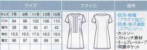 ボストン 00109-79 ワンピース 配色のコントラストが知性と輝きを放つワンピース。シック＆エレガントでより女らしく。スプリンジーツイルで6つの機能。制菌加工、ストレッチ、透け防止、帯電防止、防汚加工、吸汗速乾。 「マックスペック」と「スプリンジー」に防汚加工をプラス、肌触りも良く、機能と着心地を兼ね備えた快適素材です。●マックスペック。清潔が長続きする制菌加工素材です。 ◎清潔な制菌加工素材です。黄色ブドウ球菌（MSSA）、肺炎桿菌、大腸菌、緑膿菌、MRSA（メチシリン耐性黄色ブドウ状球菌）についってSEK基準値をクリアする制菌加工を発揮します。 ◎優れた耐工業洗濯性を発揮します。工業洗濯50回以上でも効果を保ちます。●スプリンジー。多くの高機能をあわせもつ素材で毎日快適。 ◎特殊ポリマーによる快適素材です。 透け防止効果、紫外線ガード効果、クーリング効果。 ◎優れた吸汗性・拡散性・速乾性で3つの楽ラク。（レギュラーポリエステルの2倍の吸収性、綿の2．5倍の拡散性、綿の7倍以上の速乾性） 爽やかな肌触りで楽ラク（サラサラパウダータッチとドライ感）、汗じみ対策が楽ラク、乾きがよく、洗濯時の取り扱いが楽ラク。■腕上げ楽ラク。運動量分を特殊カッティングで工夫し、腕の上げ下げがさらに楽に！ サイズ／スペック