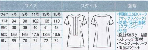 ボストン 00113-79 チュニックシャツ（半袖） 衿まわりからフロントへ続くサテン調の切り替えが品良く上品な輝きを放ちます。スプリンジーツイルで6つの機能。制菌加工、ストレッチ、透け防止、帯電防止、防汚加工、吸汗速乾。 「マックスペック」と「スプリンジー」に防汚加工をプラス、肌触りも良く、機能と着心地を兼ね備えた快適素材です。●マックスペック。清潔が長続きする制菌加工素材です。 ◎清潔な制菌加工素材です。黄色ブドウ球菌（MSSA）、肺炎桿菌、大腸菌、緑膿菌、MRSA（メチシリン耐性黄色ブドウ状球菌）についってSEK基準値をクリアする制菌加工を発揮します。 ◎優れた耐工業洗濯性を発揮します。工業洗濯50回以上でも効果を保ちます。●スプリンジー。多くの高機能をあわせもつ素材で毎日快適。 ◎特殊ポリマーによる快適素材です。 透け防止効果、紫外線ガード効果、クーリング効果。 ◎優れた吸汗性・拡散性・速乾性で3つの楽ラク。（レギュラーポリエステルの2倍の吸収性、綿の2．5倍の拡散性、綿の7倍以上の速乾性） 爽やかな肌触りで楽ラク（サラサラパウダータッチとドライ感）、汗じみ対策が楽ラク、乾きがよく、洗濯時の取り扱いが楽ラク。■腕上げ楽ラク。運動量分を特殊カッティングで工夫し、腕の上げ下げがさらに楽に！ サイズ／スペック