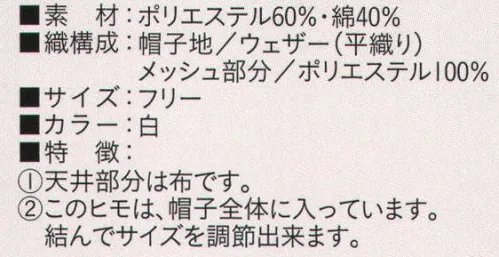 ビーバーズキャップ BL-5811 女子リボン形帽 メッシュ部分も抗菌加工してあります。  天井部分は布です。 リボンのヒモは帽子全体に入っています。結んでサイズを調節できます。※この商品は、ご注文後のキャンセル・返品・交換ができませんので、ご注意下さいませ。※なお、この商品のお支払方法は、先振込（代金引換以外）にて承り、ご入金確認後の手配となります。 サイズ／スペック