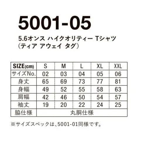 キャブ 5001-05-001 5．6オンス ハイクオリティー Tシャツ（ティア アウェイ タグ） 5001の切れるネームモデル。オリジナルアイテム制作に最適な一枚。※他カラーは「5001-05」に掲載しております。※この商品はご注文後のキャンセル、返品及び交換は出来ませんのでご注意ください。※なお、この商品のお支払方法は、前払いにて承り、ご入金確認後の手配となります。 サイズ／スペック