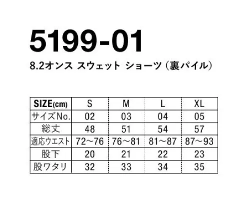 キャブ 5199-01 8.2オンススウェットショーツ(裏パイル) セットアップスタイルでも楽しめる。ワードローブに加えたい普遍的なアイテム。※この商品はご注文後のキャンセル、返品及び交換は出来ませんのでご注意下さい。なお、この商品のお支払方法は、前払いにて承り、ご入金確認後の手配となります。 サイズ／スペック