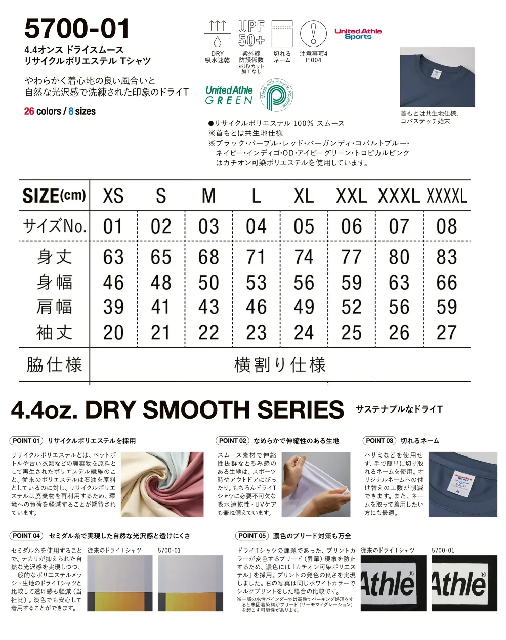 キャブ 5700-01-C 4.4オンス ドライスムース リサイクルポリエステル Tシャツ サイズ・スペック