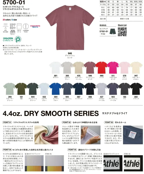 キャブ 5700-01 4.4オンス ドライスムース リサイクルポリエステル Tシャツ 5700-01 4.4オンス ドライスムース リサイクルポリエステル Tシャツ環境に配慮したリサイクルポリエステル100％を使用した軽量ドライTシャツです。やわらかな肌触りと優れた吸汗速乾性を兼ね備え、UVケア機能も搭載した多機能モデル。自然な光沢感と豊富な20色のカラーバリエーションで、スポーツからカジュアルまで幅広いシーンで活躍します。特徴・環境に優しいリサイクルポリエステル100％の素材を採用・4.4オンスの軽量設計で快適な着心地を実現・優れた吸汗速乾性でスポーツやアウトドアでも快適に着用可能・UVケア機能搭載で紫外線から肌を守る・セミダル糸使用による上質な光沢感と柔らかな肌触り・豊富な20色展開で様々なコーディネートに対応・XSからXXXXLまでの幅広いサイズ展開仕様・品番:5700-01・素材:リサイクルポリエステル100％・カラー:ホワイト、フロストグレー、スモーキーベージュ、グレイッシュピンク、レッド、トロピカルピンク他 全20色・サイズ:XS～XXXXL（01～08）・セットアップ対応品番:5702-01（ショートパンツ）※この商品はご注文後のキャンセル、返品及び交換は出来ませんのでご注意下さい。※なお、この商品のお支払方法は、前払いにて承り、ご入金確認後の手配となります。 サイズ／スペック