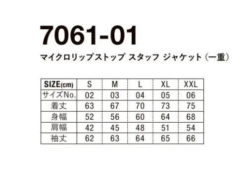 キャブ 7061-01-A マイクロリップストップ スタッフ ジャケット（一重） オールマイティ―な仕様とコスパが魅力のスタンドジャケットが新登場！適度な通気性と撥水のバランスを担いながらも軽量。しかもカラフルなカラーバリエーションも魅力的。シャカシャカ音のしないソフトな風合いのスタンドジャケットは、オールマイティーのシーンで活躍する万能ジャケットです。他のお色は「7061-01」に掲載しております。※この商品はご注文後のキャンセル、返品及び交換は出来ませんのでご注意ください。※なお、この商品のお支払方法は、前払いにて承り、ご入金確認後の手配となります。 サイズ／スペック