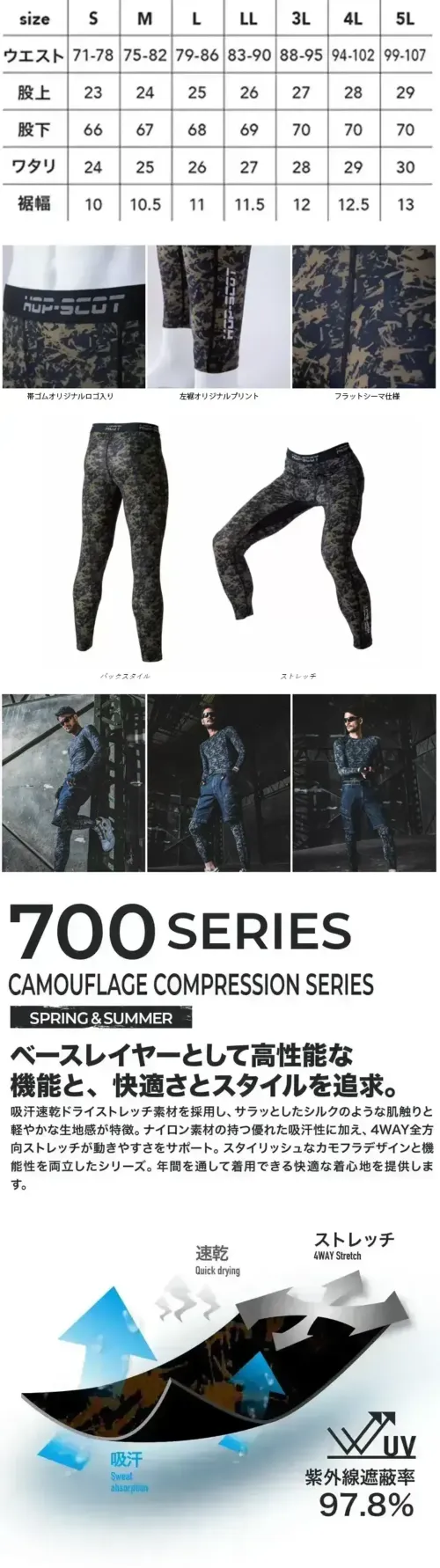 CUC 700013 吸汗速乾カモフラコンプレッション・ロングパンツ 吸汗速乾カモフラコンプレッション・ロングパンツベースレイヤーとして高性能な機能と、快適さとスタイルを追求特徴・吸汗速乾ドライストレッチ素材を採用・シルクのようなサラッとした肌触りと軽やかな生地感・ナイロン素材による優れた吸汗性・4WAY全方向ストレッチで動きやすさをサポート・スタイリッシュなカモフラデザイン・年間を通して快適に着用可能・紫外線遮蔽率97.8％・ソフトタッチで肌に優しい着心地・オリジナルロゴ入り・フラットシーマ縫製でごろつき感を軽減仕様・品番:700013・品名:吸汗速乾カモフラコンプレッション・ロングパンツ・生地厚:3.8oz サイズ／スペック