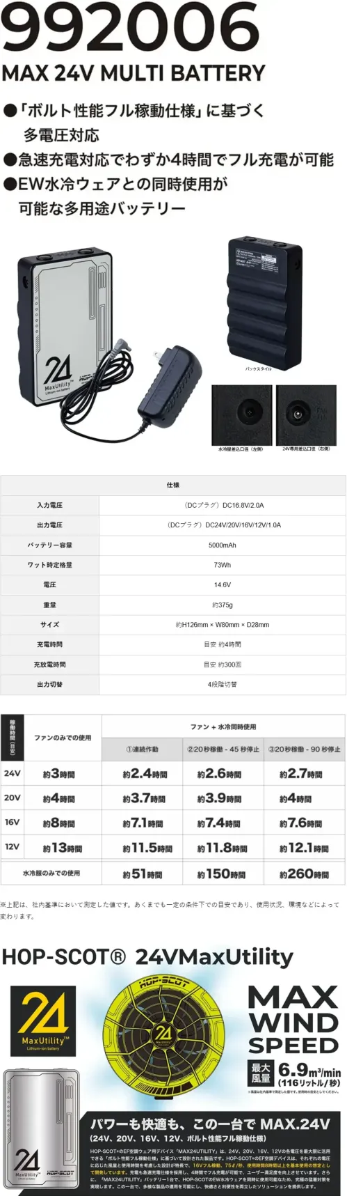 CUC 992006 MAX.24V マルチバッテリー（充電器付き） MAX.24V マルチバッテリー（充電器付き）パワーも快適も、この一台でMAX.24V特徴・24V・20V・16V・12Vの各電圧を最大限に活用するボルト性能フル稼働仕様です。・16Vフル稼働時には75ℓ/秒の大風量と8時間以上の連続使用が可能。・約4時間でフル充電が可能な急速充電に対応。・HOP-SCOT®のEW水冷ウェアと同時に使用可能。仕様・品番:992006・品名:MAX.24V マルチバッテリー（充電器付き）・入力電圧（DCプラグ）:DC16.8V/2.0A・出力電圧（DCプラグ）:DC24V/20V/16V/12V/1.0A・バッテリー容量:5000mAh・ワット時定格量:73Wh・定格電圧:14.6V・重量:約375g・サイズ:約H126mm×W80mm×D28mm・充電時間の目安:約4時間・充放電回数の目安:約300回・出力切替:4段階切替※ファンと接続する際には、HOP-SCOT®+24V専用のファンとケーブルをご使用ください。※この商品はご注文後のキャンセル、返品及び交換は出来ませんのでご注意下さい。※なお、この商品のお支払方法は、前払いにて承り、ご入金確認後の手配となります。 サイズ／スペック