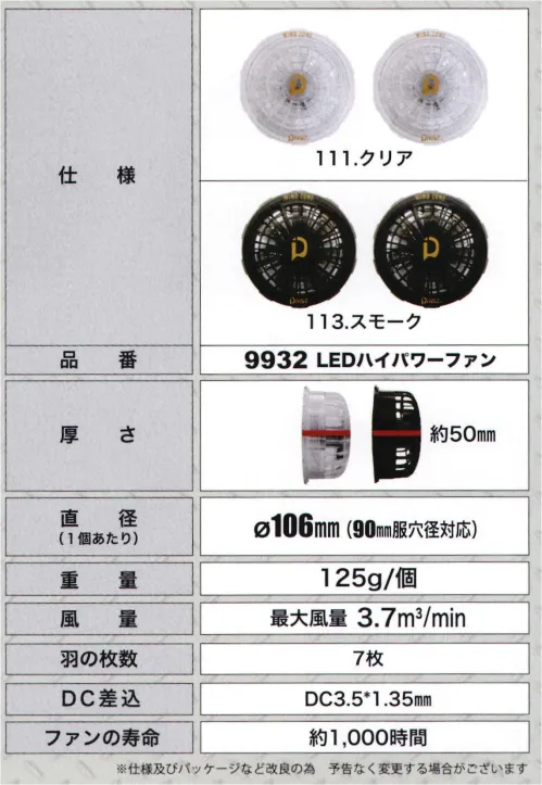 CUC 9932 LED ハイパワーファン 暗所作業で頼れるハイパワーLEDモデル高視認と鮮やかさで損Z内観を演出90mm服穴経対応。暗所作業や夜間工業、警備作業に最適な高視認ハイパワーファンLEDモデル。オレンジ・グリーン・レッドの3色点灯・点滅で後方からの視認性を大幅にアップ！光を透過させやすいスケルトン仕様でスモークとクリアの2色展開。PWMバッテリーの力をロスなくダイレクトキャッチし、風に変換可能なBIGモーターを搭載。手軽に汚れも掃除メンテナンス可能。差し込みプラグ部分に補強材をいれて耐久性を向上させた高耐久接続ケーブル付。※必ず専用バッテリーを別途ご使用ください。他社商品を併用してご使用した際に発生する故障や事故につきましては責任を負いません。 サイズ／スペック