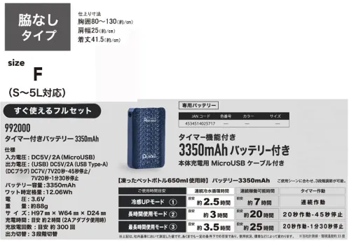 CUC ICW002 アイスウォータークーリング ベスト 冷たい水が体中をかけめぐる快感！◎特徴1.軽量少量の水と凍ったペットボトルだけなので軽量で重さを感じさせません。ご使用時間に合わせて冷凍ペットボトル・氷・保冷剤の大きさや量を調整すればより軽く使用することが可能です。◎特徴2.静音静かな場所でもモーター音は気になりません。◎特徴3.長時間冷却独自で開発したICE drip Control（アイスドリップコントロール）で長時間冷却が可能になりました。◎特徴4.高速チャージ冷感が終了したら凍ったペットボトルに交換するだけでチャージが完了します。また夏季には全国のコンビニで冷凍ペットボトル飲料の販売をしているのでチャージスポットとして利用できます。◎特徴5.速効冷感冷感が終了して新しくペットボトルをチャージすれば数秒で冷感が復活します。◎特徴6.水分補給凍ったペットボトルが溶けたら飲むことが可能です。■簡単3ステップで体を冷やす！1.背中のタンクに冷水を約150ml入れる2.背中のタンクに凍ったペットボトルをチャージ！！（650mlまでのペットボトルに対応）または氷でもお使いいただけます。（タンクに入る小さな保冷剤もご利用いただけます。）3.バッテリーON！バッテリー前面収納で操作もしやすい。■セット内容ベスト、リチウムイオンバッテリー 3350mAh×1、充電用ケーブル×1■ご使用時間目安凍ったペットボトル650ml 使用バッテリー 3350mAh冷感UPモード1:約2時間30分冷感UPモード2:約3時間00分冷感UPモード3:約3時間30分■タイマー機能付きバッテリーご使用に合わせ、3段階調節が可能です。冷感UPモード:連続作動長時間使用モード:20秒作動～45秒停止最長時間使用モード:20秒作動～1分30秒停止※この商品はご注文後のキャンセル、返品及び交換は出来ませんのでご注意下さい。※なお、この商品のお支払方法は、先振込(代金引換以外)にて承り、ご入金確認後の手配となります。 サイズ／スペック