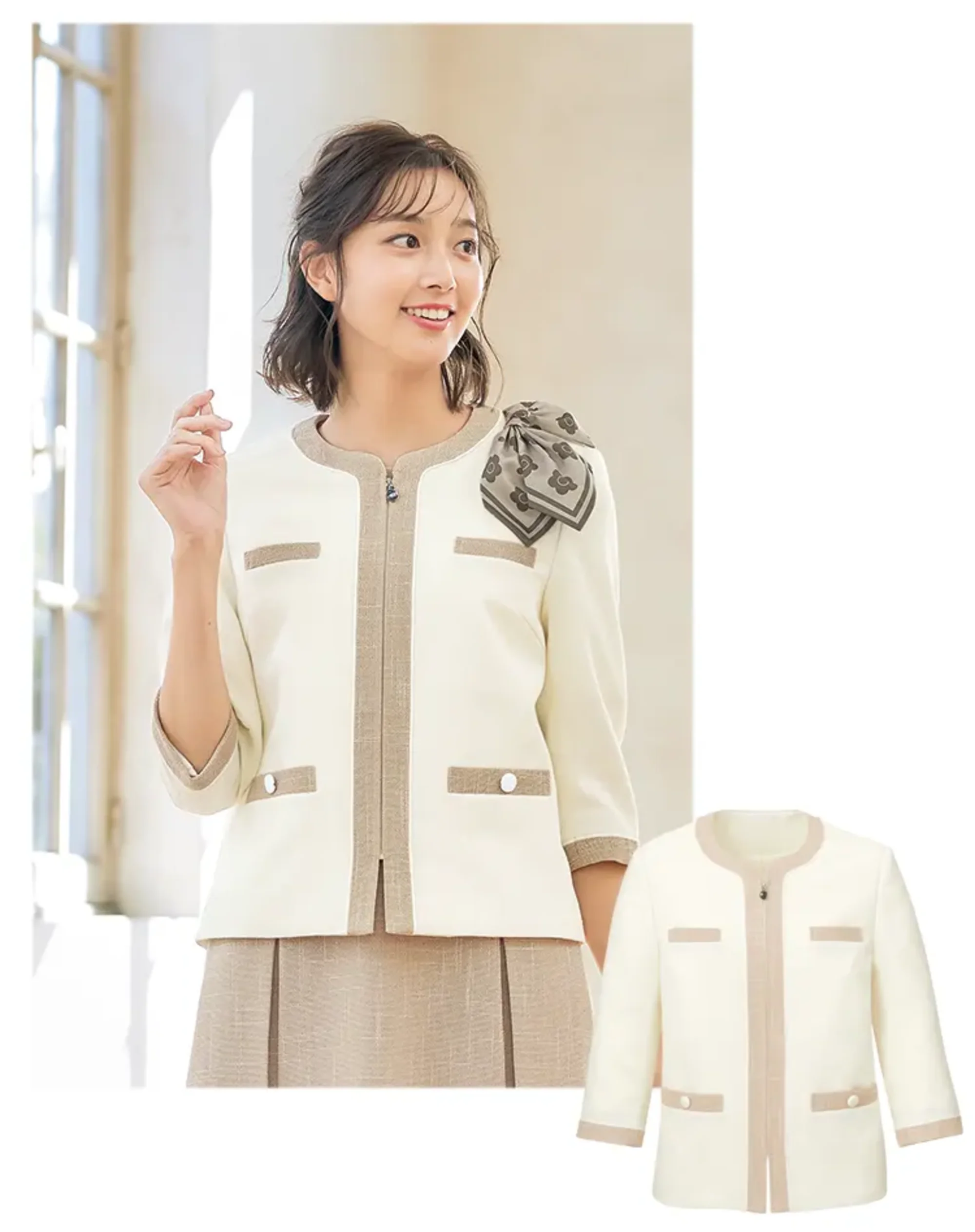 ユーファクトリー M43293 ジャケット MARY QUANT M43293 ジャケットMARY QUANTのBRIGHT SUMMER TWEEDシリーズから登場した爽やかな印象のジャケットです。清涼感のあるテクスチャーのツイード素材に鮮やかな彩りを添え、オフィスでも佇んでいるだけで柔らかな空気感をまとった雰囲気を演出します。機能性にもこだわった、ビジネスシーンで活躍する一着です。特徴・襟の左右にアクセサリー用ホールを配置し、クリップ式ブローチを決まった位置に装着可能・両脇にデオドラントテープを採用し、優れた消臭&抗菌効果で汗やニオイが気になる季節も安心・両胸のインク汚れケアポケットには超撥水生地を使用し、ペンのインク漏れ対策に配慮・前あきデザインで着脱しやすく、日常の動きにもスムーズに対応・3色のカラーバリエーションで、様々なコーディネートやオフィススタイルに対応※リボンブローチは付属しておりません。