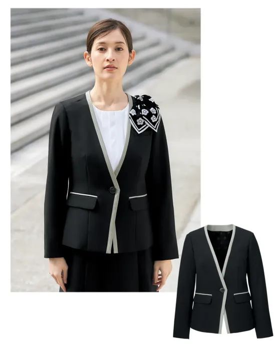 ユーファクトリー M43361 ジャケット MARY QUANT M43361 ジャケットMARY QUANTのCOOL MONOTONEシリーズから登場した洗練されたノーカラージャケットです。ブラック&グレーの鮮烈なモノクロームデザインが端正なネックラインを際立たせ、シンボリックでドラマチックな表情を演出します。大胆な配色のラインづかいが夏のクールビズスタイルに知的な印象をもたらし、ビジネスシーンでの存在感を高めます。特徴・シャープなネックラインが特徴的な端正なノーカラーデザイン・ブラック&グレーで奏でるモノクロームの美しい世界観・大胆な配色のラインづかいでクールなインテリジェンスを表現・襟の左右にアクセサリー用ホールを配置し、クリップ式ブローチを決まった位置に装着可能・両脇にデオドラントテープを採用し、優れた消臭&抗菌効果で汗やニオイが気になる夏も安心・右内側に実用的な内ポケットを装備※リボンブローチは付属しておりません。