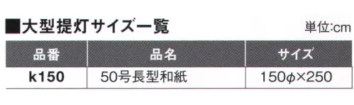 鈴木提灯 K150 大型提灯 50号長型（和紙・太骨）(受注生産) 神社仏閣から商店、居酒屋の看板として幅広く利用されています。※この商品の旧品番は 951 です。※こちらの商品は受注生産となります。ご注文後のキャンセル・返品・交換ができませんので、ご注意下さいませ。※受注生産品のお支払方法は、先振込（代金引換以外）にて承り、ご入金確認後の手配となります。 サイズ／スペック