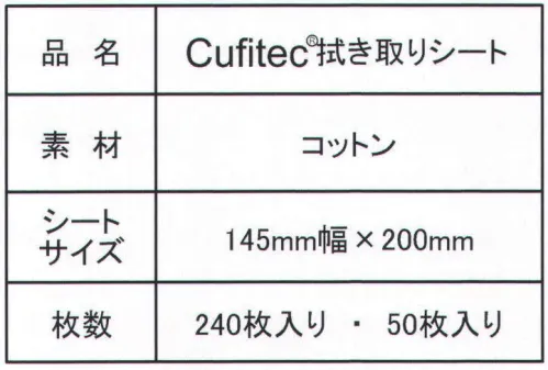 NBCメッシュテック SHEET-A Cufitec拭き取りシート(240枚入り) 容器入り ウイルスの拡大リスクを低減。Cufitec-キュフィテック-拭き取りシート。ウイルスを捕まえて離さない！！ 薬剤を使わずに、ウイルス対策ができる使い捨てタイプのシートです。シート本体は、乾いた状態です。Cufitecは、拭き取ったウイルスを瞬時に固着して離さない（ウイルスはマイナス、Cufitecはプラスの電荷を有しています。ウイルスがCufitecに接触すると、静電的に固着します）。から拭き、水拭き両方で使用可能。 ●薬剤を使わずに水だけで、ウイルス対策ができる。消毒剤不要。水拭きでご使用する場合は、水道水を容器に注ぐだけでご使用頂けます。Cufitecは、薬剤が使用できない環境の除菌作業でお使いいただくことができます。●乾燥したウイルス、液状のウイルス、両方を拭き取れる。シャーレ上の乾燥、液状ウイルスを拭き取り、残ったウイルス感染価を測定。→乾燥ウイルス、液状ウイルスへの拭き取り性に効果があることを確認しております。 ●拭き取ったウイルスを瞬時に固着し離さない。 ウイルスを不着させた不織布を生理食塩水で洗い出し、洗い出し液の感染価を測定。 →シートを触った手や廃棄したゴミ箱等からの感染拡大リスクも低減されます。 ●活用シーン（想定）航空機・船舶、電子機器、装備品など腐食性や発火性の薬剤が使えない場所の清掃作業。食事用テーブルや汚物処理などの清掃作業。 ●製品の使い方。Cufitec拭き取りシートは、乾いた状態（から拭き）・濡らした状態（水拭き）どちらでも効果があります。 →濡らした状態（水拭き）でご使用いただくと、拭き取り性が向上し、より効果的です。 [1]容器のふたを開け、製品を取り出してください。 [2]製品のビニール袋を切り開け、製品のみを容器に戻してください。[3]水拭きでご使用する場合は、容器の中に水道水を注ぎ、シートに浸透させてください。次亜塩素酸ナトリウム、アルカリ性薬剤、酸性薬剤など水以外の液体を使用すると機能が低下します。使用しないでください。から拭きでご使用の場合は水を注がずにお使いください。 [4]容器のふたの開口部に、製品の内側よりシートを引き出してください。 [5]容器のふたをしっかり閉めてください。 [6]使用時は、シートを斜めに引き出すと、ミシン目で切り取りやすくなります。 【水を注ぐ量】240枚入りは、500mlペットボトル2本分（約1リットル)50枚入りは、500mlペットボトル半分（約0.25リットル) ●Cufitec拭き取りシートは、成田空港検疫所をはじめ、様々な検疫所でご採用いただいております。※この商品はご注文後のキャンセル、返品及び交換は出来ませんのでご注意下さい。※なお、この商品のお支払方法は、先振込（代金引換以外）にて承り、ご入金確認後の手配となります。 サイズ／スペック