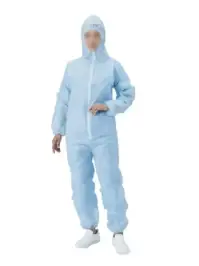 ダック FJSB フード付ジャンプスーツ ブルー（50枚入） 不織布製のフード付つなぎ服です。工場の来客者、短期アルバイト用、簡易防護服などとしてお使いいただけます。衣類への汚れ不着を防ぎ、つなぎ服型のため異物混入対策にも最適です。さらに袖口、足首にはゴム付きです。2色使用することで人員の区別等にも使用出来ます。（ホワイトFJS）★当商品は50枚入りです。