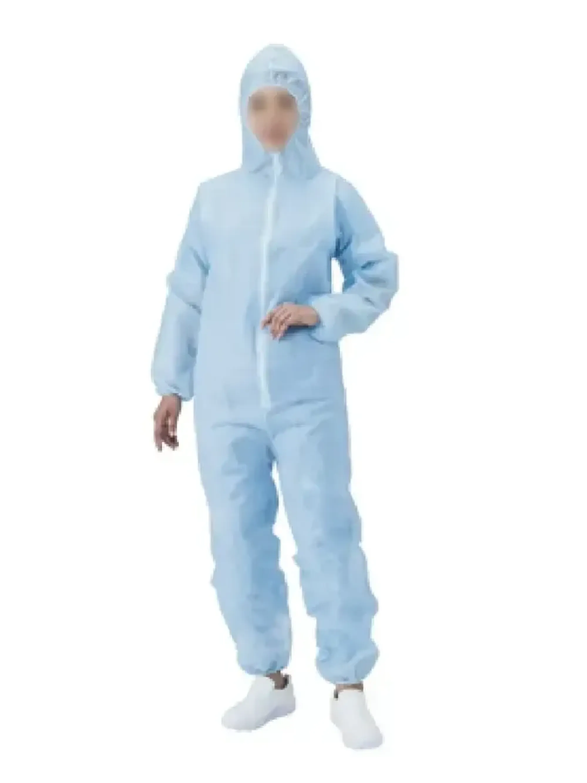 ダック FJSB フード付ジャンプスーツ ブルー（50枚入） 不織布製のフード付つなぎ服です。工場の来客者、短期アルバイト用、簡易防護服などとしてお使いいただけます。衣類への汚れ不着を防ぎ、つなぎ服型のため異物混入対策にも最適です。さらに袖口、足首にはゴム付きです。2色使用することで人員の区別等にも使用出来ます。（ホワイトFJS）★当商品は50枚入りです。