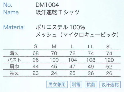 大丸白衣 DM1004 吸汗速乾Tシャツ 高温多湿な作業環境を清涼シャツで快適にポリエステルフィラメント(マイクロファイバー芯)100％使用のシャツ用ファブリック。ソフトな風合いで速乾性能に優れ、さらにベタつきを抑制し、つねに爽やかな着心地を実現します。綿100％シャツ素材と比べて――●発汗時のベタつき抑制●優れた速乾性(綿素材対比・2倍以上)●高い通気性(綿素材対比・2倍以上)●ソフトな風合いと優れたストレッチ性 サイズ／スペック