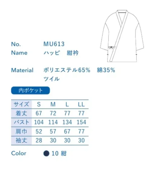 大丸白衣 MU613 ハッピ 衿紺 板前などお客様の目の前で調理する人に。清潔さが求められる現場に最適。※この商品の旧品番は「SP13」です。旧品番と新品番が混在する可能性がございますが、ご了承ください。旧品番は在庫がなくなり次第販売終了となります。 サイズ／スペック