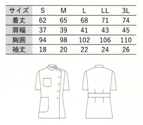大丸白衣 N726 レディース半袖ケーシー スマートな動きに対応する機能的なフォルムポプリンポピュラーでリーズナブルな医療ウェアのスタンダート軽くて快適な薄手の生地に、気持ちが引き締まるパリッとした風合いを兼ね備えたポプリン。動きやすさを追求した機能性はこれまで多くの医療現場で支持されてきました。タッサーとともにブランドの中でもっともポピュラーなラインで、ドクターコートをはじめとしたメディカルウェアに幅広く対応するベーシックシリーズの一つです。※この商品の旧品番は「N-26」です。旧品番と新品番が混在する場合がございますので、予めご了承ください。 サイズ／スペック