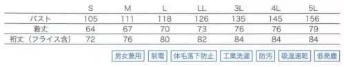 大丸白衣 SP2005 制電衛生白衣 上衣 より安全な衛生管理の実現に向け作業環境を通じた、製品への食品安全ハザード混入の防止を目的に、食品工場と議論・テストを重ね、ユニフォームにおける高レベルな基準を設定しました。制電、制菌、体毛落下防止等充実した機能ポリエステル100％の高密度織物非発塵製、非通塵性にも優れ、クリーンルームやクラス100の環境にも対応可能な素材です。・重油、グリス、油汚れが落ちやすい。・血、ソース、タレ等の汚れが落ちやすい。・黄ばみ、黒ずみ(再汚染)を防止。・導電性に優れ、着用時における汗の吸収、拡散がしやすく、洗濯後ははやく乾きます。 サイズ／スペック