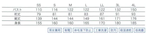 大丸白衣 SP2007 フード付続き服 より安全な衛生管理の実現に向け作業環境を通じた、製品への食品安全ハザード混入の防止を目的に、食品工場と議論・テストを重ね、ユニフォームにおける高レベルな基準を設定しました。制電、制菌、体毛落下防止等充実した機能SP2007とSP603をセットでご利用いただくことで更に高い異物混入対策の効果が期待できます。ポリエステル100％の高密度織物非発塵製、非通塵性にも優れ、クリーンルームやクラス100の環境にも対応可能な素材です。・重油、グリス、油汚れが落ちやすい。・血、ソース、タレ等の汚れが落ちやすい。・黄ばみ、黒ずみ(再汚染)を防止。・導電性に優れ、着用時における汗の吸収、拡散がしやすく、洗濯後ははやく乾きます。●袖口フライス使用で身体に優しくフィットし腕まくりを防止します。●ウエストスピンドルでウエスト調整が出来ます。●足首フライス使用で体内落下物をシャットアウトします。※2024年 12月より、新品番「DM107」へ順次移行となります。旧品番は在庫がなくなり次第販売終了となります。旧品番と新品番が混在する可能性がございますが、ご了承ください。 サイズ／スペック