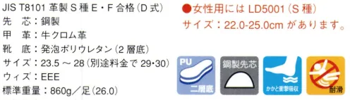 ドンケル D5001N ウレタン底安全靴 短靴 ※この商品の旧品番は「D5001」です。軽量でクッション性に優れた発泡ポリウレタン底を採用。接地面積の広い靴底意匠で、グリップ性も抜群。快適な履き心地で、職場環境をより快適にします。※素材の特性から熱湯および切粉などのある職場での使用は避けてください。※女性用サイズもございます(LD5001)。 サイズ／スペック