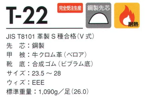 ドンケル T-22 耐熱・溶接靴 中編上靴 ベロアブラック（受注生産） 耐熱効果にすぐれ、高温による劣化を防ぐ靴。高炉前、旋盤前、溶接作業等の高熱作業を安全に行い、効率の良い作業を推進します。※この商品は受注生産になります。※受注生産品につきましては、ご注文後のキャンセル、返品及び他の商品との交換、色・サイズ交換が出来ませんのでご注意ください。※受注生産品のお支払い方法は、先振込（代金引換以外）にて承り、ご入金確認後の手配となります。 サイズ／スペック