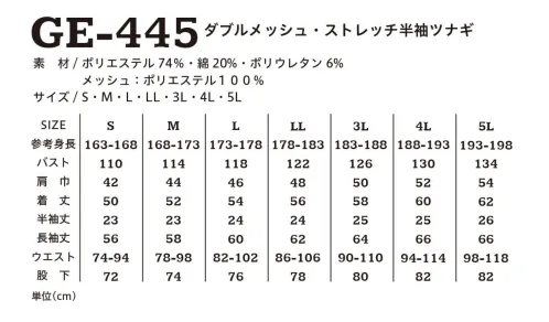 エスケー・プロダクト GE-445 ダブルメッシュ・ストレッチ半袖ツナギ 蒸し暑い夏場の作業を快適にする為、通気性とストレッチ性、安心設計等を重視した新作モデル。特徴は、通気性UPのため、脇下・背中は勿論のこと、腰・股・ひざ裏・パンツの前ポケット等、従来品に無い位置へ、編目の異なる2種類のメッシュを重ねた、透けにくいダブルメッシュ仕様。安心して快適に作業できる、今季一押しのツナギ服。 サイズ／スペック