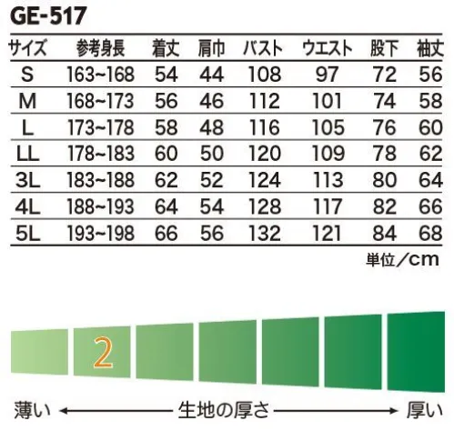 エスケー・プロダクト GE-517 長袖ツナギ GRACE ENGINEER’S®ファッション性のあるアクセサリーを使用した、ストリート系カジュアルモデル。●ファスナー付きポケット（右胸）かがんだ時やアクティブな作業時の小物の落下防止にポケットにファスナーをつけました。●ウエストアジャスター（Dカン）ウエスト左右に装備した生地のひもとDカンによりウエストの絞り調整が可能。 サイズ／スペック