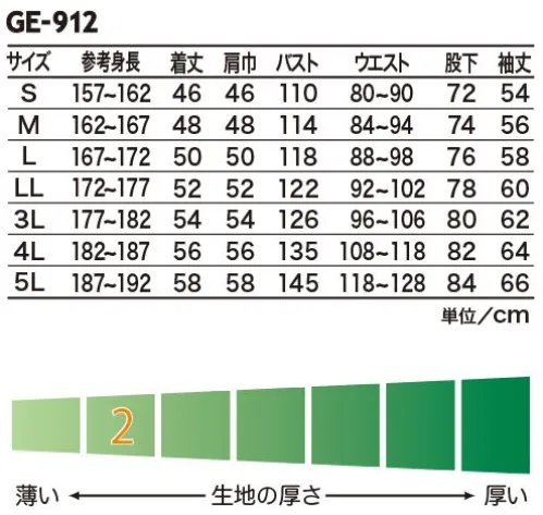 エスケー・プロダクト GE-912 長袖ツナギ GRACE ENGINEER’S®機能性・耐久性を追求。コストパフォーマンスに優れた綿100％のベーシックモデル。●腰のびプリーツゴムシャーリングのタックが腰部分にフィットして前かがみの作業時もつっぱりません。●背中アクションプリーツ背中に2本のプリーツを配して動きやすくしました。特に腕を前に伸ばした時に背中につっぱり感がなく快適です。●ひざあて作業時に摩擦などで痛みやすい部分を裏側から別布でしっかり補強しています。※「9 カーキ」「12 ネイビー」「17 ベージュ」は、在庫限りで販売を終了致します。 サイズ／スペック