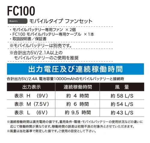 イーブンリバー FC100 モバイルタイプ ファンセット MOBILLE TYPE FANSET分解して水洗い可能！モーター部分以外を水洗いできて清潔に保てます。USB昇圧ケーブルで5v→9Vに！電圧の低いモバイルバッテリーでも電圧を昇圧することにより、風力をパワーアップできます。【セット内容】・モバイルバッテリー専用ファン×2個・FC100モバイルバッテリー専用ケーブル×1本・取扱説明書/保証書※モバイルバッテリーは別売です。※合計出力5V/2.1A以上のモバイルバッテリーのご使用を推奨。WARNING●溶接、たき火、ストーブ、鋳造現場などの火気を扱う現場では絶対に着用しないでください。ファンに火花火の粉が入る様な状態での作業には使用しないでください。※この商品はご注文後のキャンセル、返品及び交換は出来ませんのでご注意ください。※なお、この商品のお支払方法は、前払いにて承り、ご入金確認後の手配となります。 サイズ／スペック